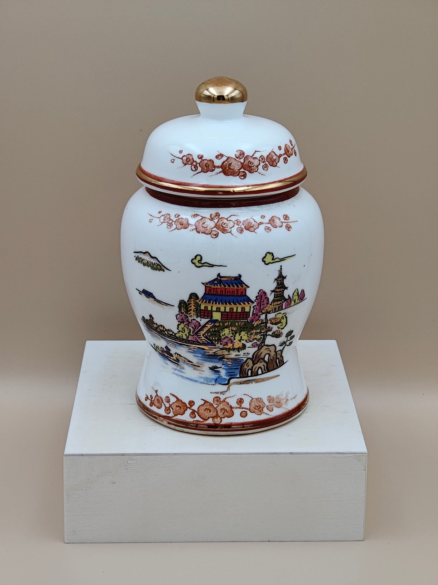 Vintage Medium Ginger Jar Porcelain Japan White Gold Japanese Village 5.5"