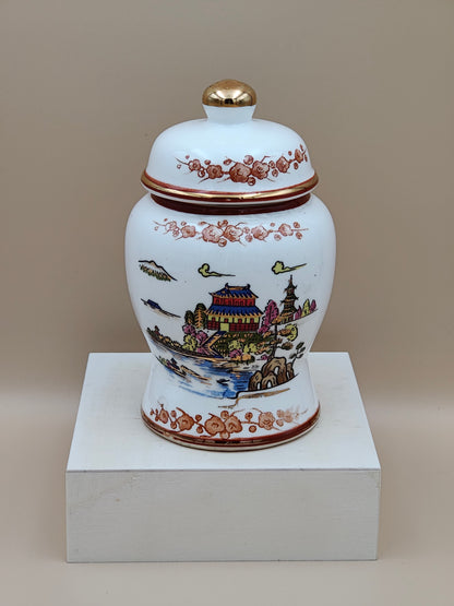 Vintage Medium Ginger Jar Porcelain Japan White Gold Japanese Village 5.5"