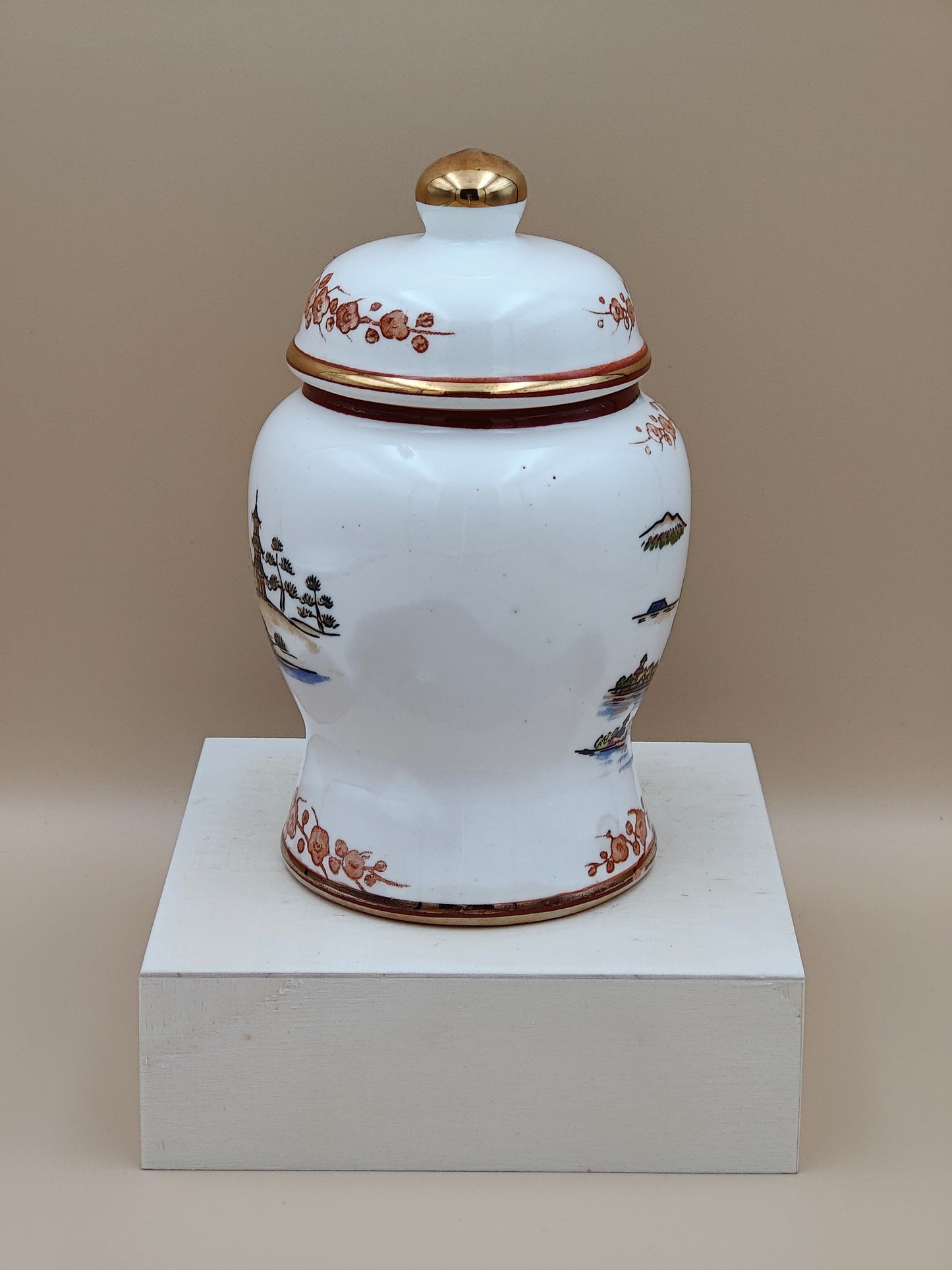Vintage Medium Ginger Jar Porcelain Japan White Gold Japanese Village 5.5"