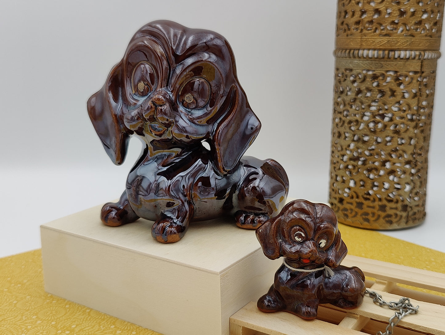 Brown Dog and Pup Ceramic Japan Pair, No Eyes