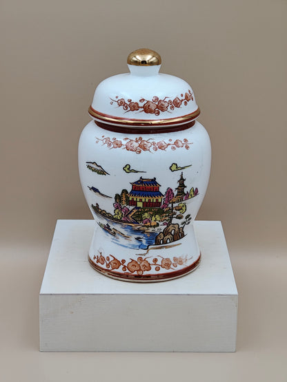 Vintage Medium Ginger Jar Porcelain Japan White Gold Japanese Village 5.5"