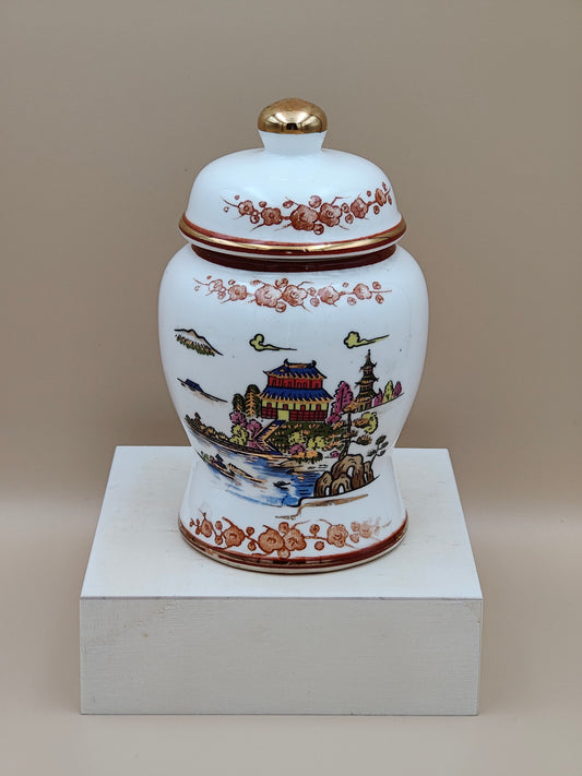 Vintage Medium Ginger Jar Porcelain Japan White Gold Japanese Village 5.5"