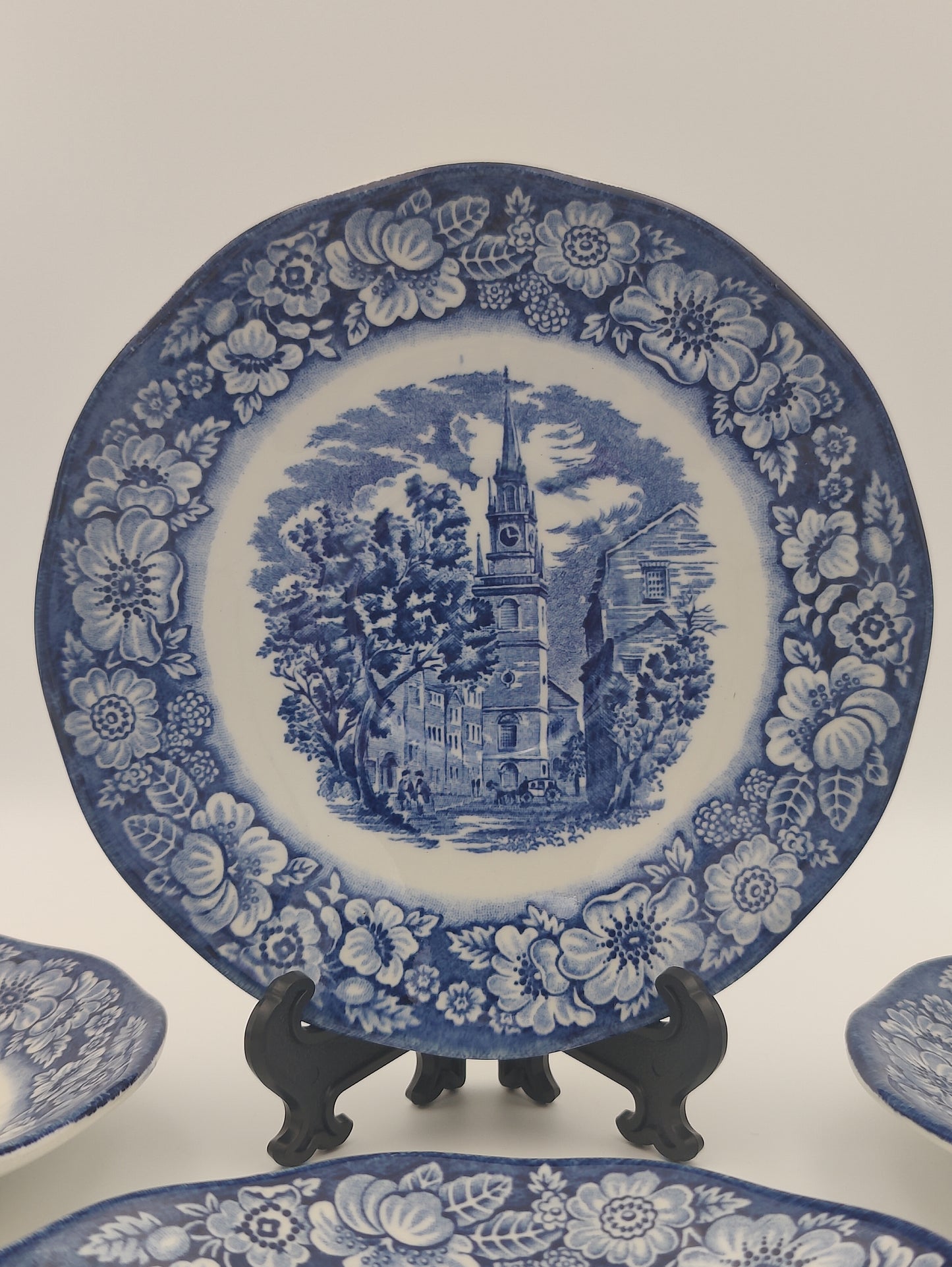 Liberty Blue Historic England Colonial Scene: "Old North Church" - Blue and White - 4 Pc Plate Set