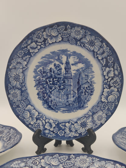 Liberty Blue Historic England Colonial Scene: "Old North Church" - Blue and White - 4 Pc Plate Set