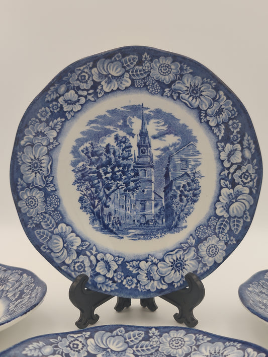 Liberty Blue Historic England Colonial Scene: "Old North Church" - Blue and White - 4 Pc Plate Set